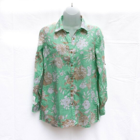 Charter Club Women P/P Tunic Shirt Linen Floral Green Button Up Roll Tab Sleeves - Picture 1 of 9